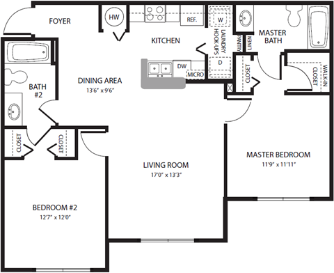 Floor plan for 2 beds, 2 baths, 974 sqft